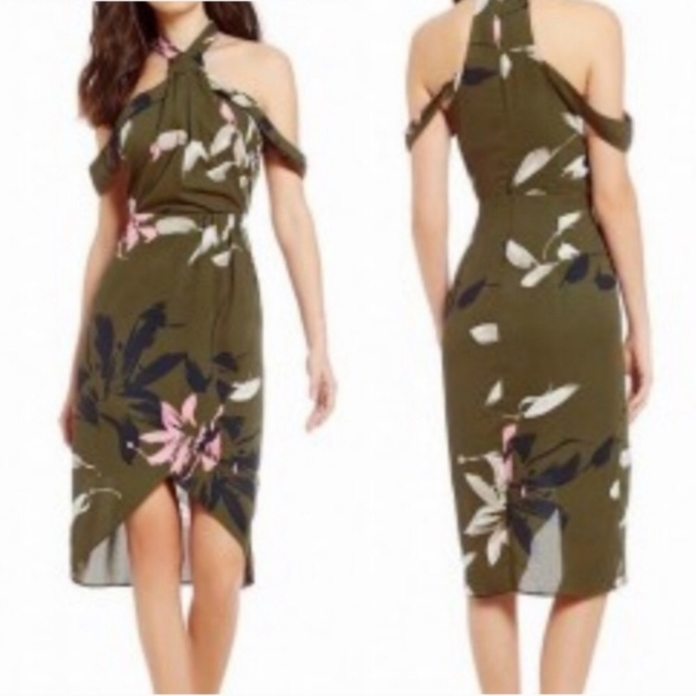 H by Halston Olive Green Draped Floral Patterned - Picture 1 of 7